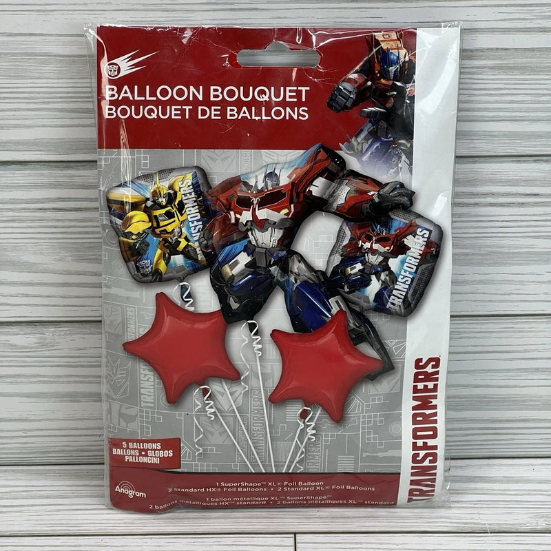 Transformers anagram party foil balloon bouquet in box with red star and character balloons