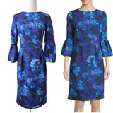 DAVID MEISTER Blue Floral Hydrangea Bell Sleeve Sheath Dress Size 8 Office Party Hydrangea
