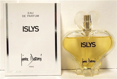 Islys eau de parfum spray in heart-shaped glass bottle with gold label and boxed set