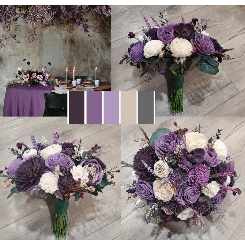 Purple and cream bridal bouquet with wood-style roses, wildflowers, and green foliage