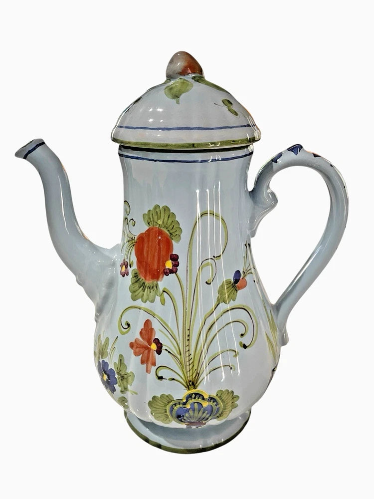 Floral ceramic coffee pot with lid, blue body, multicolor flowers and vines