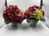 (2) Green & Burgundy Hydrangea Arrangement Nearly Natural w/Decorative Planter Hydrangea