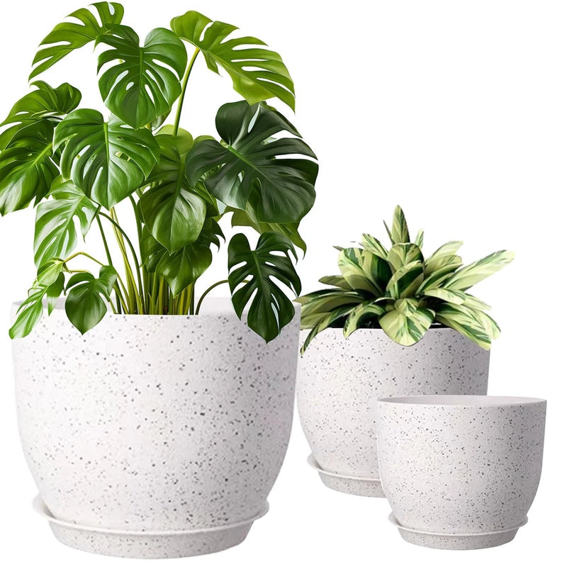 Speckled white plastic flower pots, 3-pack, round modern planters for plants.