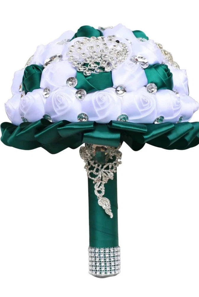 Bridal Bouquet Rhinestones Silk Faux Roses Wedding Green White Ribbon NEW Bouquet