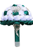 Bridal Bouquet Rhinestones Silk Faux Roses Wedding Green White Ribbon NEW Bouquet