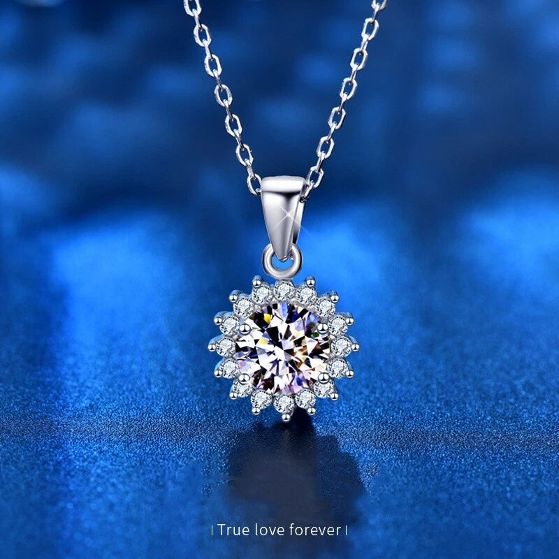 925 sterling silver sunflower pendant necklace with round moissanite stones