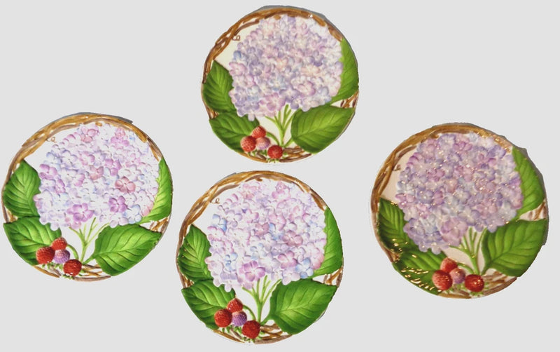 Set of 4 Jeanne Beury 2000 Silvestri Majolica Hydrangea & Berries Plates Hydrangea