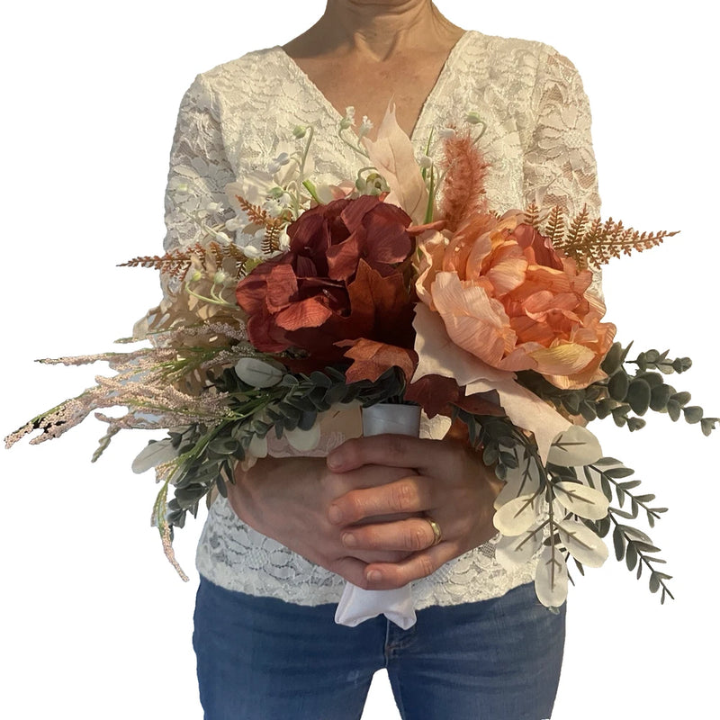 Bridal Wedding Bouquet Hand made Budget Friendly Faux Flowers Red Orange Fall Bouquet