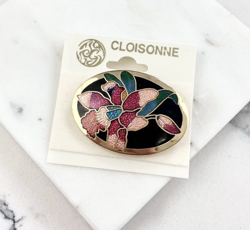 Vintage CloisonnŽ Gold Tone Enamel Black Pink Lily Flower Brooch Pin Lily