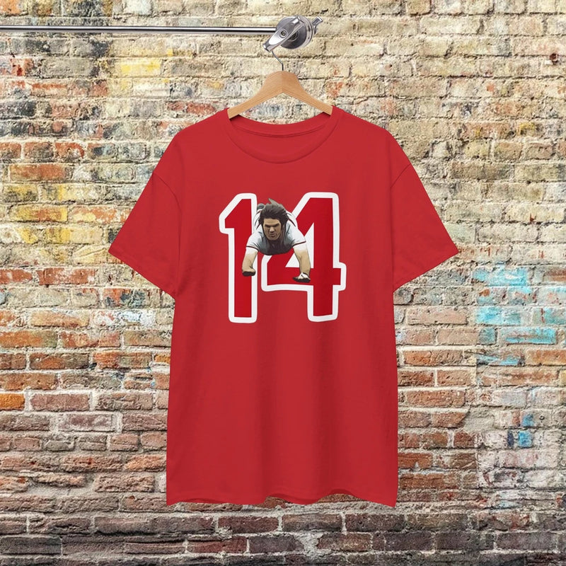 Red graphic T-shirt with white number 14 front print