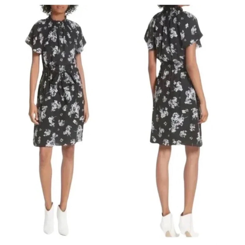Rebecca Taylor hydrangea Black Floral Short Sleeve Button Front Dress Silk  6 Hydrangea