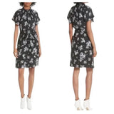 Rebecca Taylor hydrangea Black Floral Short Sleeve Button Front Dress Silk  6 Hydrangea