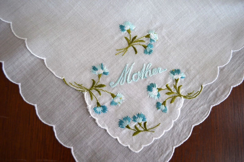 VINTAGE HANKIE EMBROIDERED AQUA BLUE MONOGRAM "MOTHER" & CARNATIONS SCALLOPED Carnation