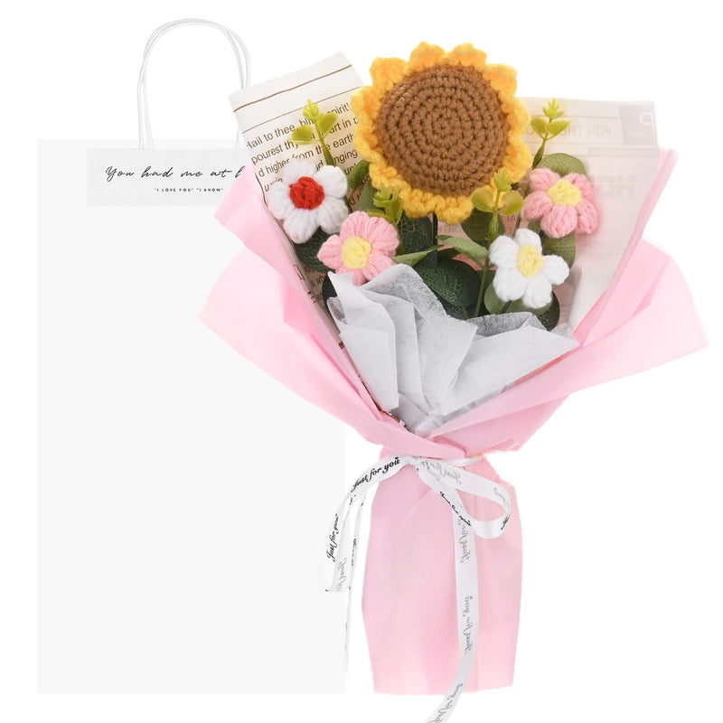 Crochet Flowers Bouquet Sunflower with Gift Bag for Gifts [Light Pink] Bouquet