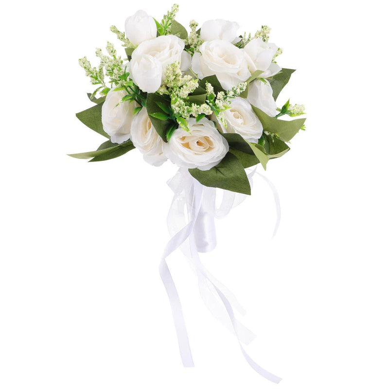 White rose bridal bouquet with green foliage and long white satin ribbon tails