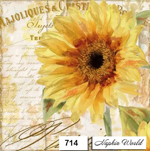 (714) TWO Individual Paper Luncheon Decoupage Napkins - SUNFLOWER FLOWER SCRIPT Sunflower