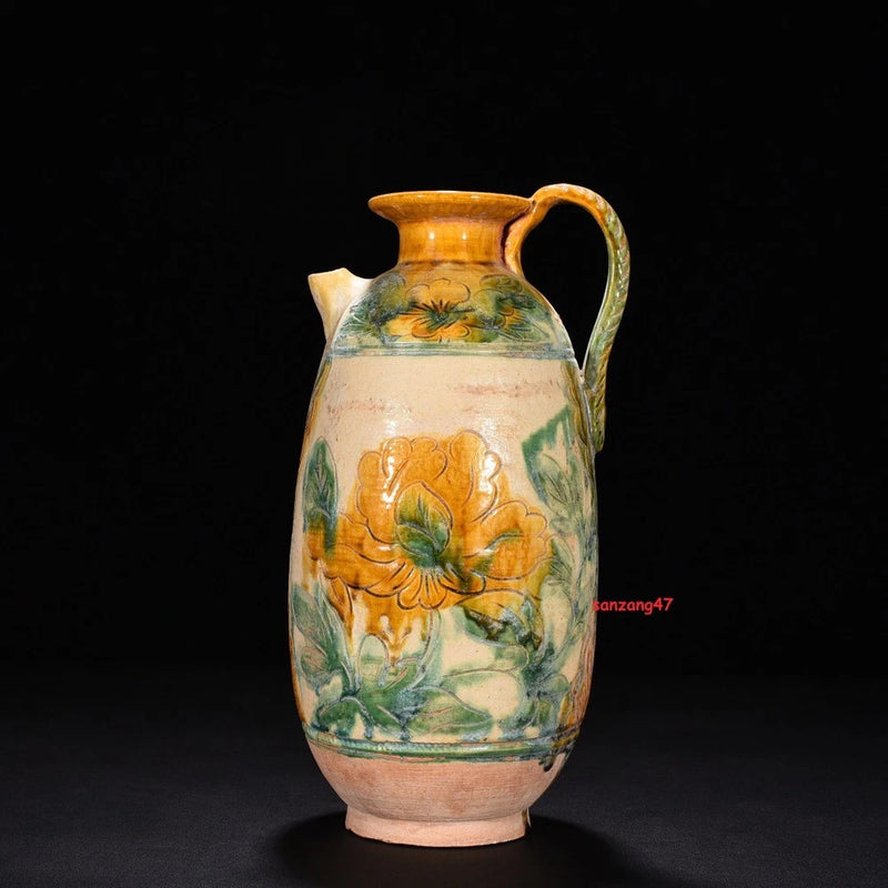 Antique peony-pattern ceramic teapot pitcher with colorful painted flower design and handle