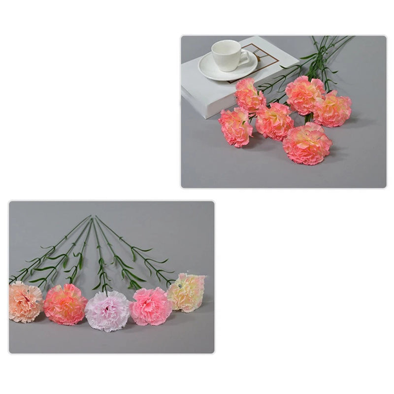 Artificial silk carnation flower stems, small layered pink and coral blooms
