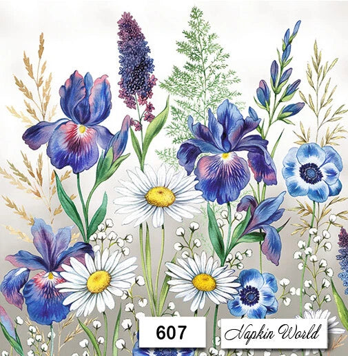 (607) TWO Individual Paper LUNCHEON Decoupage Napkins - IRISES DAISIES FLOWERS Daisies