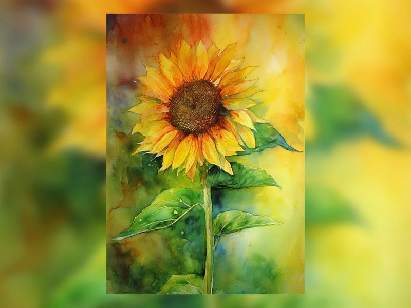 5x7 watercolor sunflower print on matte paper, bright yellow flower with green leaves