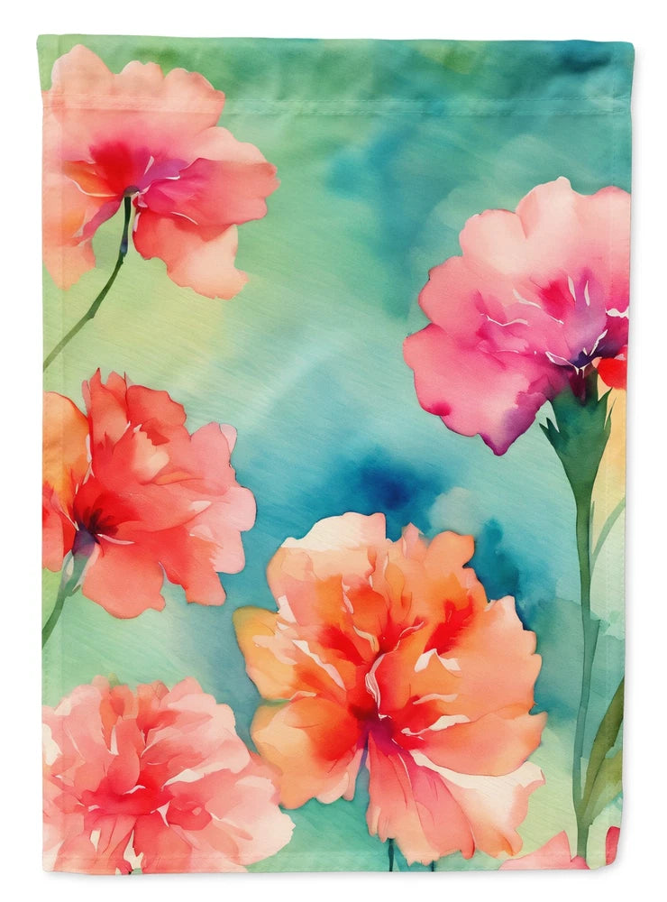 Watercolor house flag with pink, orange, and coral carnation flowers