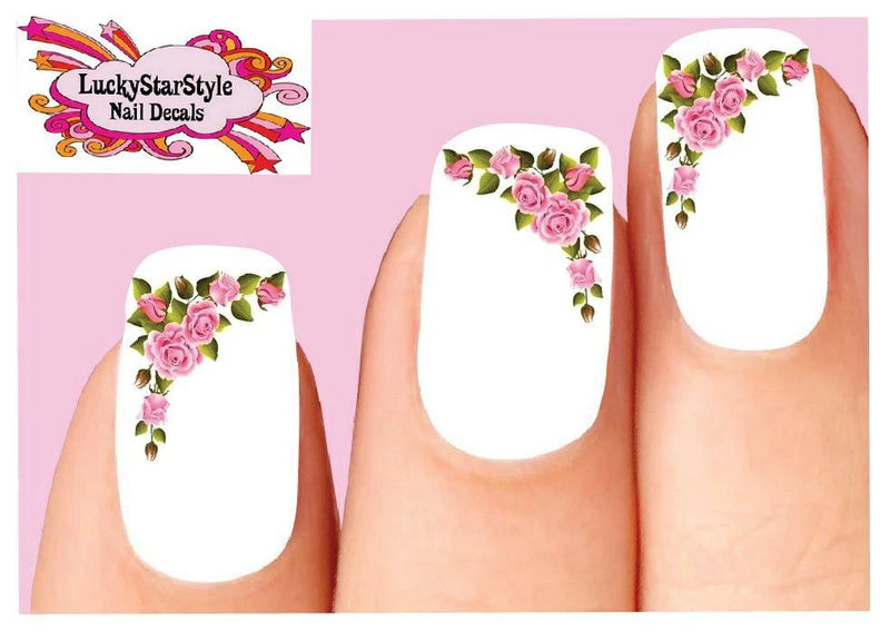 Waterslide nail decals set with pink rose corner and small gold accents