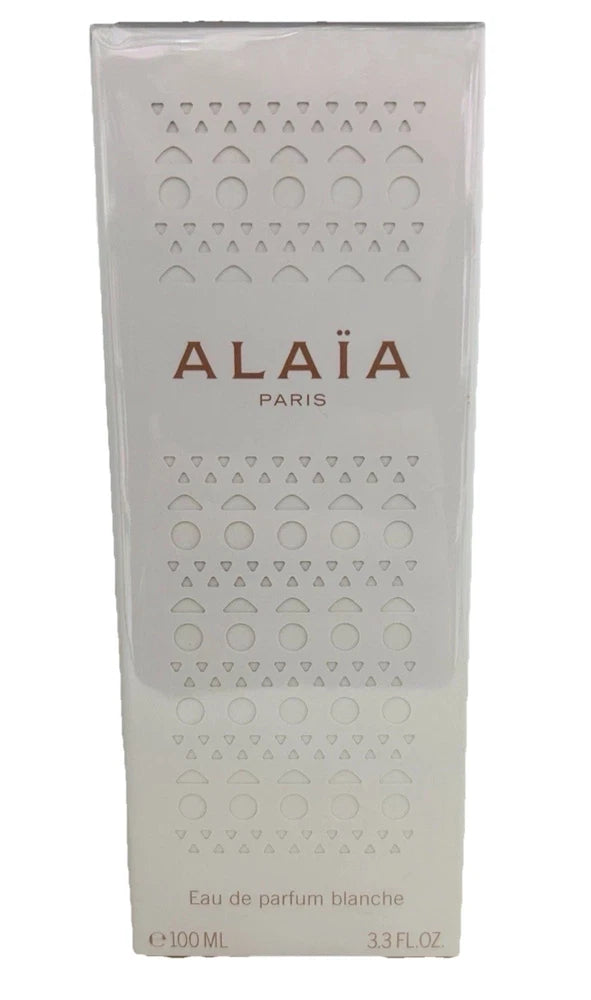 ALAIA Paris eau de parfum blanche fragrance box with embossed pattern and ALAIA logo