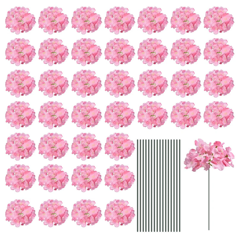 Silk Artificial Hydrangea Flowers, Pink Flowers Heads with Stems 30 Set Hydrangea
