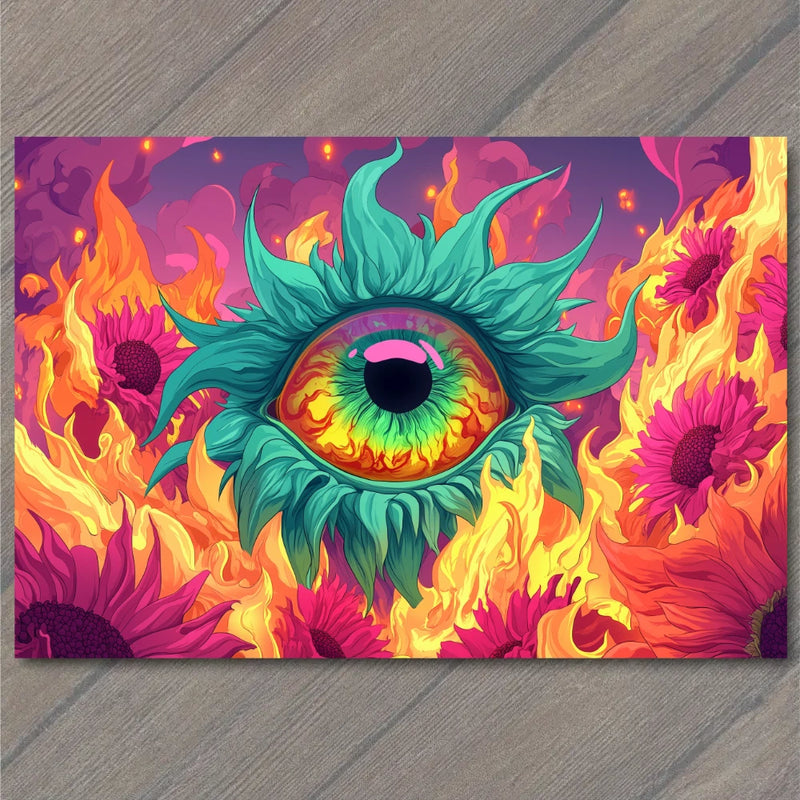 Surreal fiery eyeball flower art print with teal-green eye and orange flames