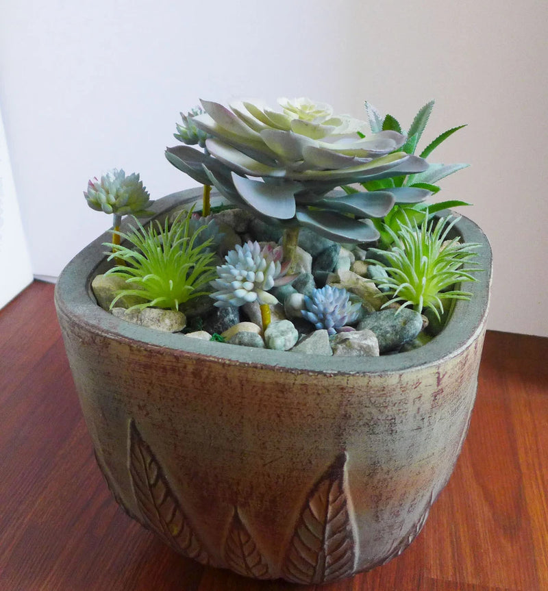Set of 11 Artificial Miniature Succulents With Cray Lotus Flower Green Plant