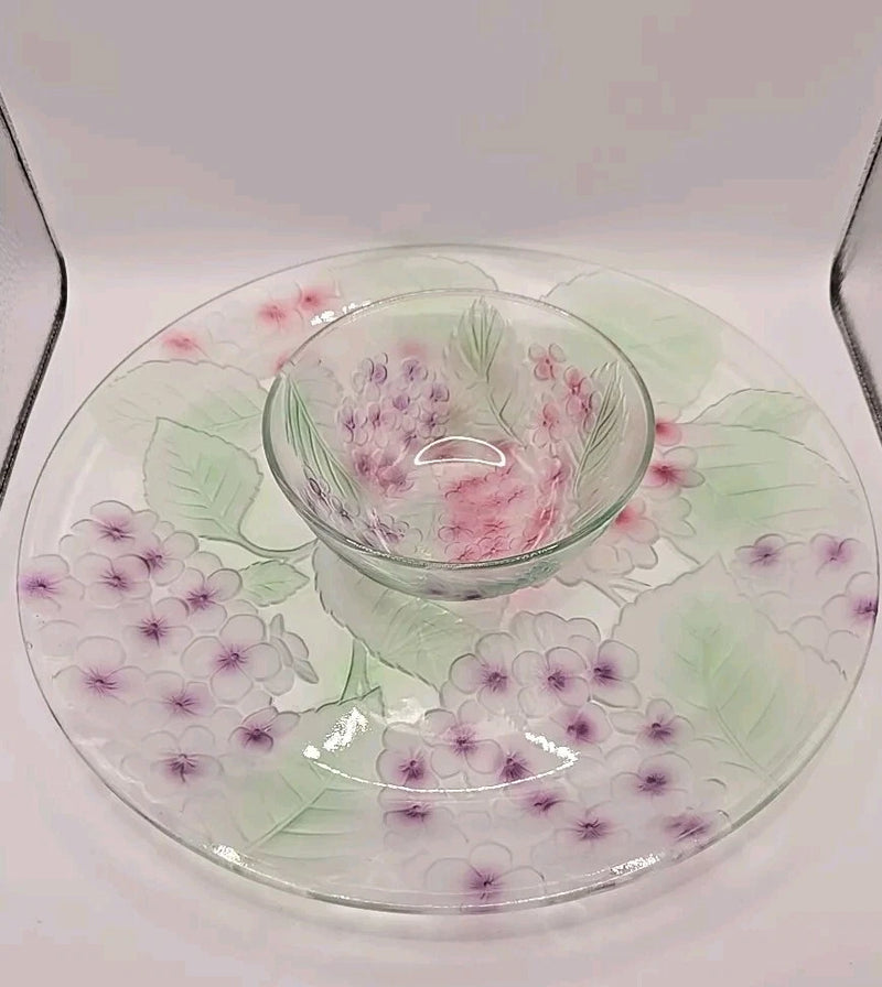 KIG (Indonesia) Hydrangea Purple Pink Green Embossed 13" Serving Plate & Bowl Hydrangea