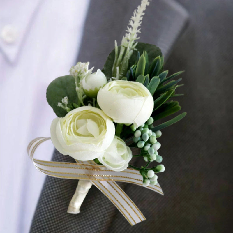 Wedding Wrist Corsage or Boutonniere Artificial Flower White/Green Ranunculus