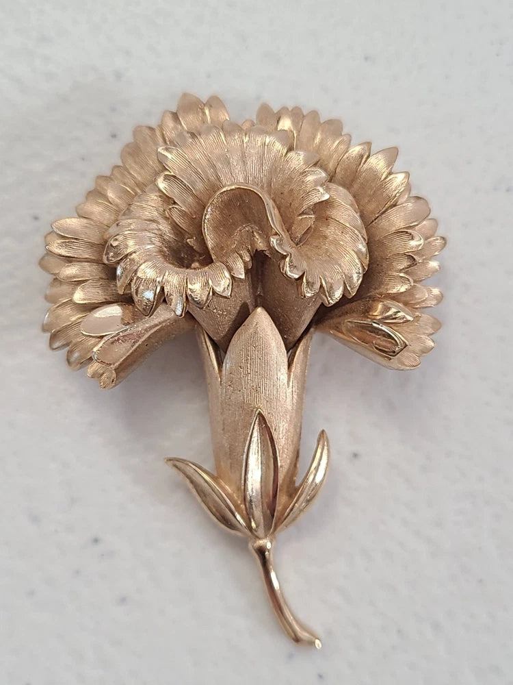 Crown Trifari 3D carnation flower pin, brushed gold-tone metal, vintage figural style