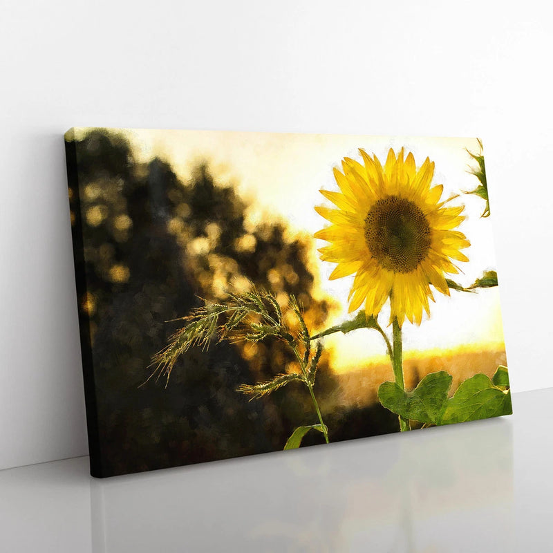 Framed sunflower canvas wall art print with single yellow bloom and green leaves