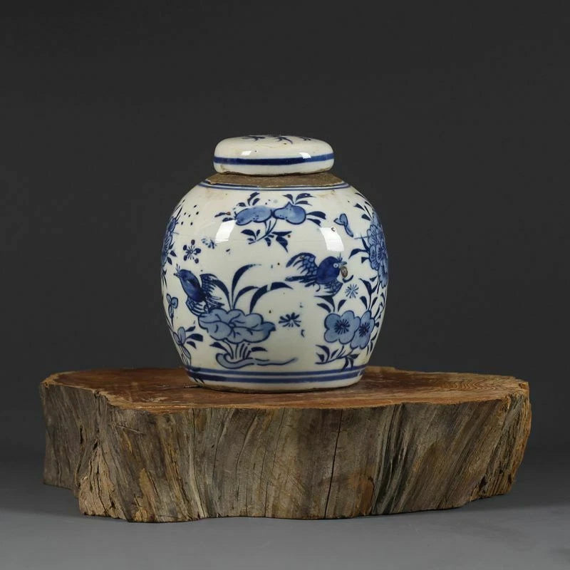 Lidded blue-and-white porcelain jar with peony and bird hand-painted design