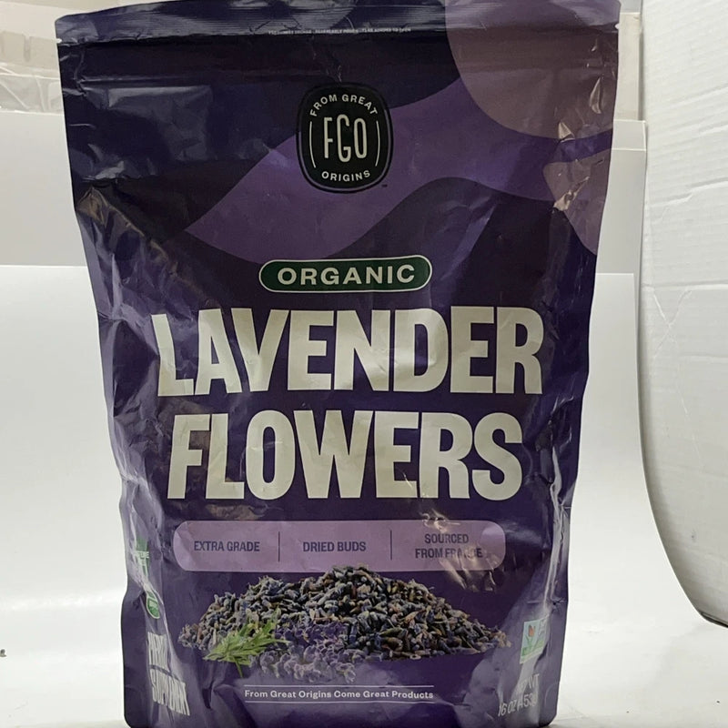 Organic dried lavender flower buds in sealed purple bag, From Great Origins label