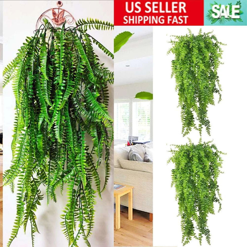 2x Artificial Ferns Rattan Fake Hanging Plant Vine In/Outdoor UV Resistant Decor Green Plant