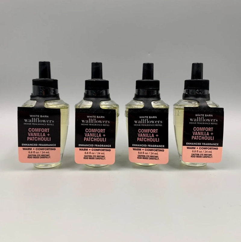 Set of 4 Comfort Vanilla Patchouli wallflower fragrance bulbs with black plug caps