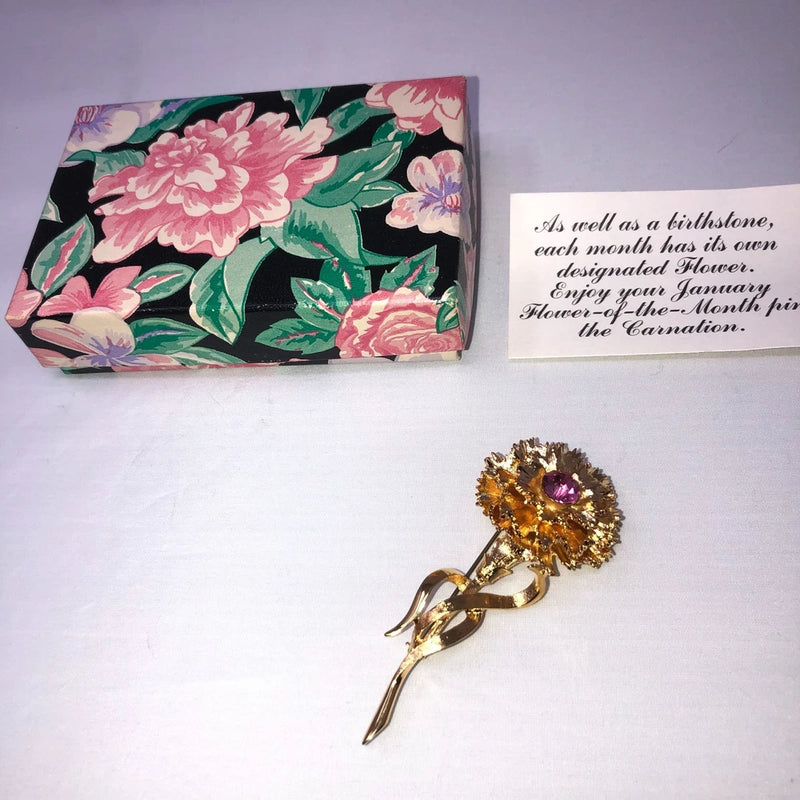 Pretty Gold Tone January Carnation Flower and Birthstone Brooch Carnation