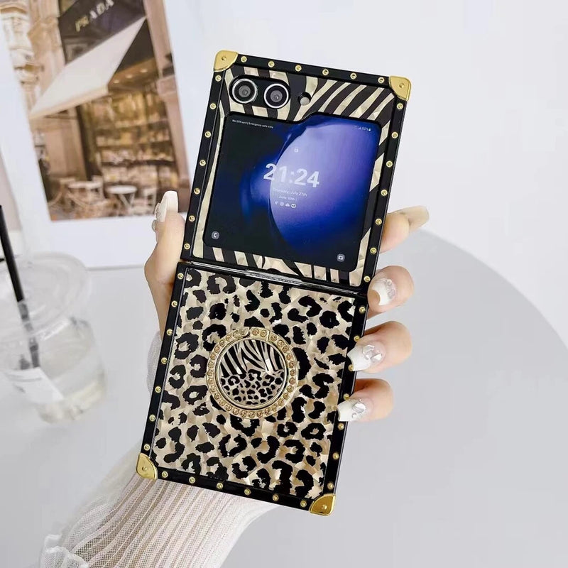 Ring Luxury Leopard Peony Flower Marble Grid Phone Case For Samsung Z Flip 3 4 5 Peony