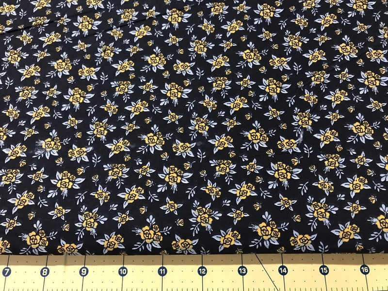 Small Yellow Floral on Black 100% cotton  fabric sold by the yard #995 Flowering Plants
