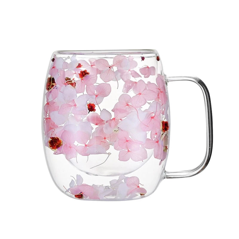 Double Wall Glass Flower Mug with Pink Hydrangea Design - 390ml Insulated Tea... Hydrangea