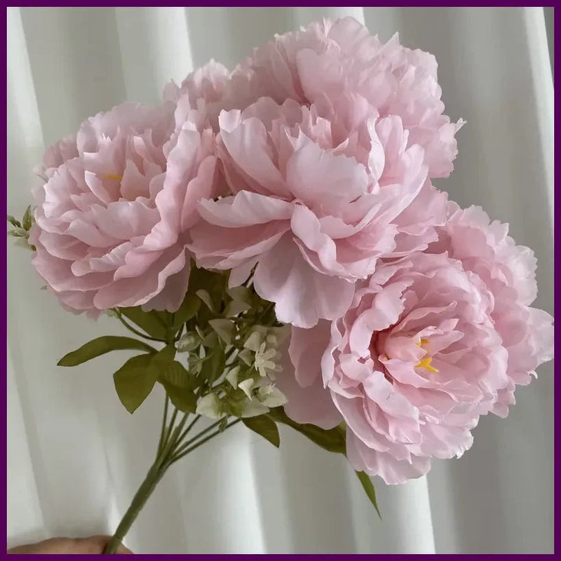 Light pink 7-head artificial peony silk flower bouquet with green leaves