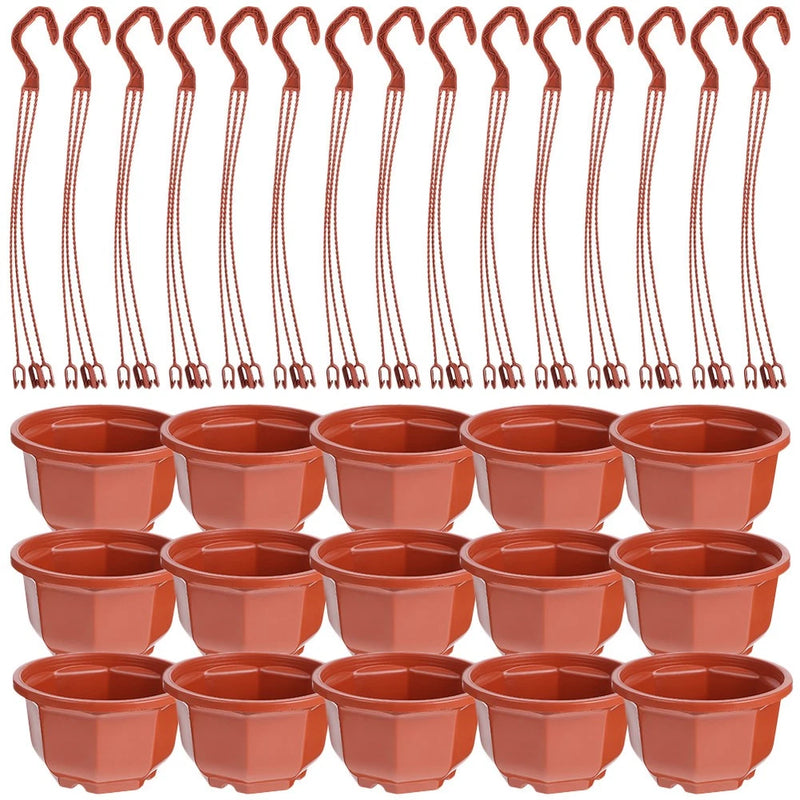 15 terracotta-orange plastic hanging flower pot planters with hooks, shown stacked