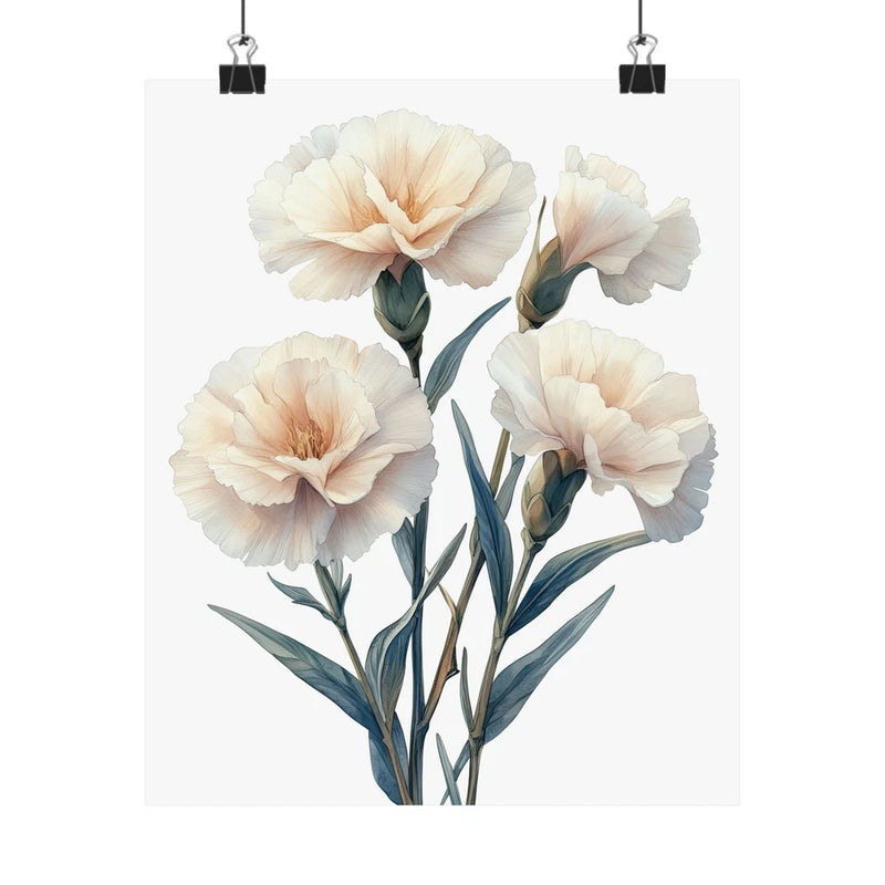 Floral art print poster with cream white carnations and teal green stems and leaves
