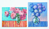 Set of 2 Original Oil Painting 8"x6" Impasto Modern Art Peony Blue Hydrangea Hydrangea