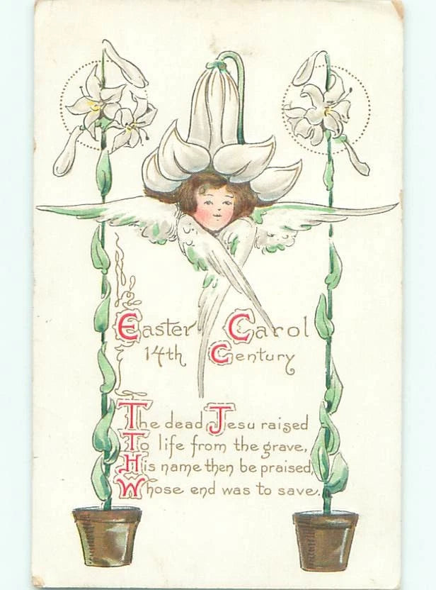 Easter pre-linen cloth with angel face, lily flowers, poem text and potted plants