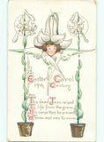 Easter pre-linen cloth with angel face, lily flowers, poem text and potted plants