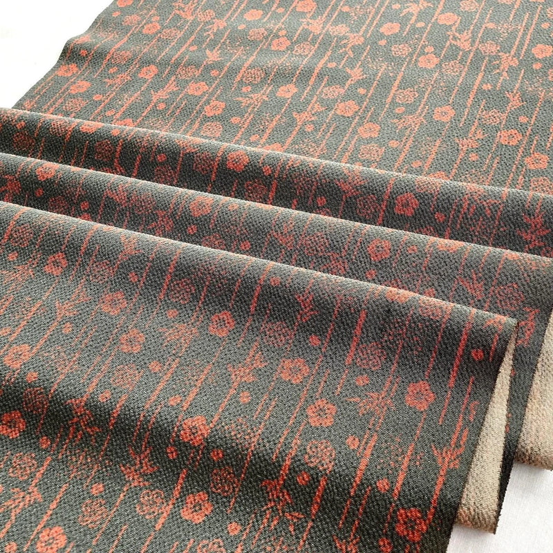 Vintage japanese crepe kimono silk in charcoal and coral floral pattern | 168cm Flowering Plants
