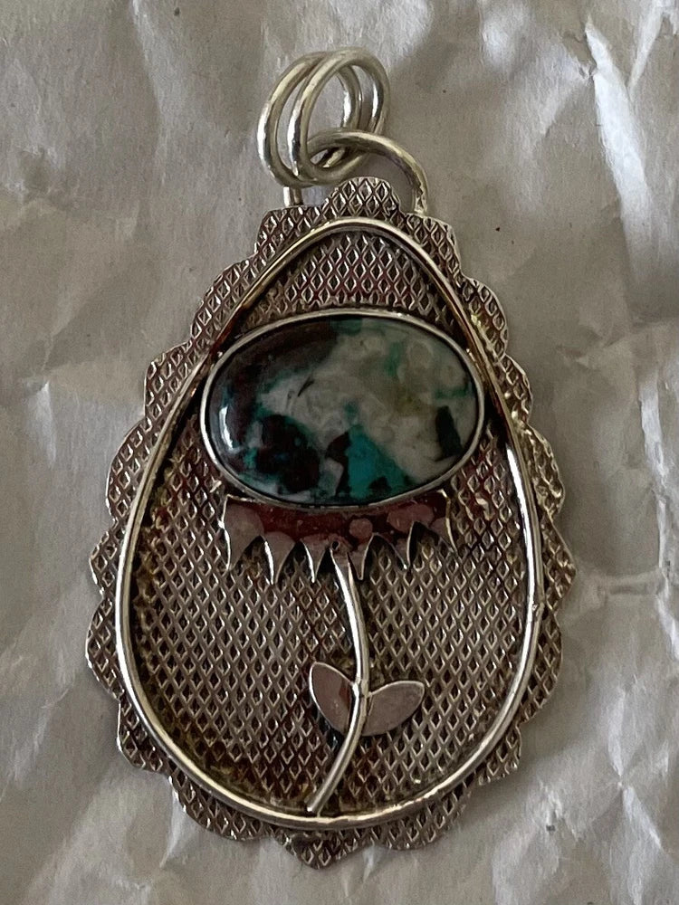 Modern Silver Tone Pendant Sunflower Turquoise Sunflower